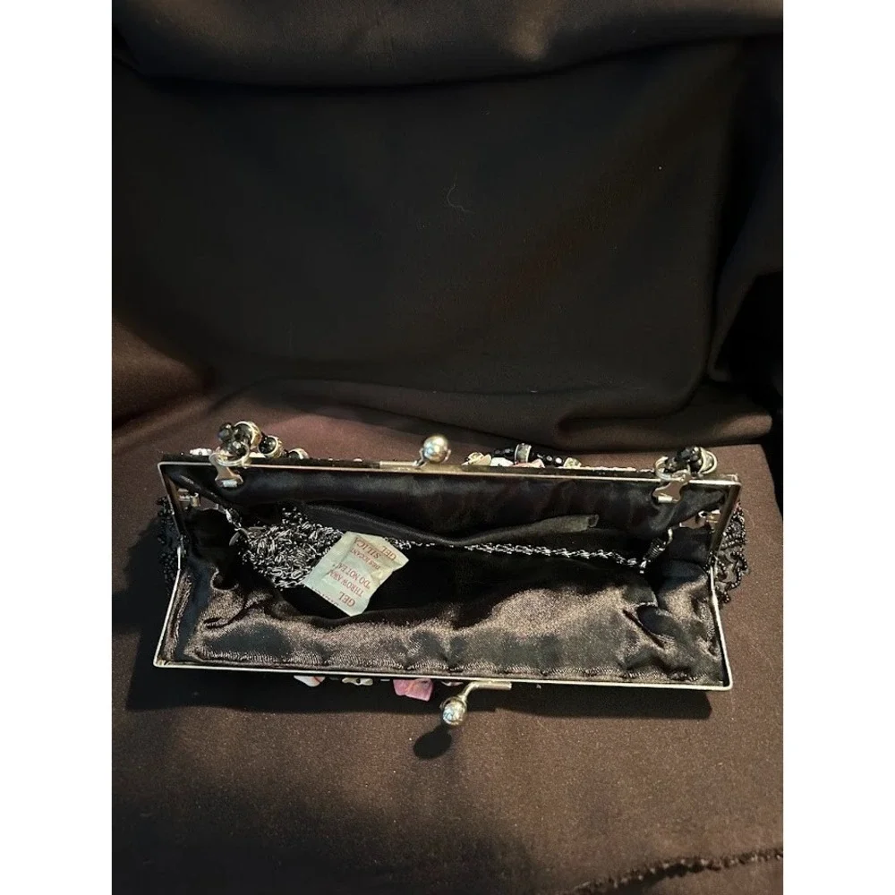 Vintage‎ Black Beaded Evening Bag Purse short and long handles